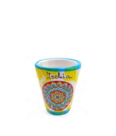 naturischia-souvenir-bicchierino-ceramica-variegato-giallo-bordo-azzurro