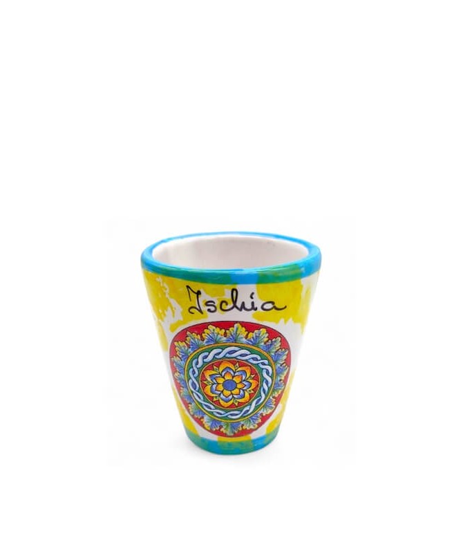 naturischia-souvenir-bicchierino-ceramica-variegato-giallo-bordo-azzurro